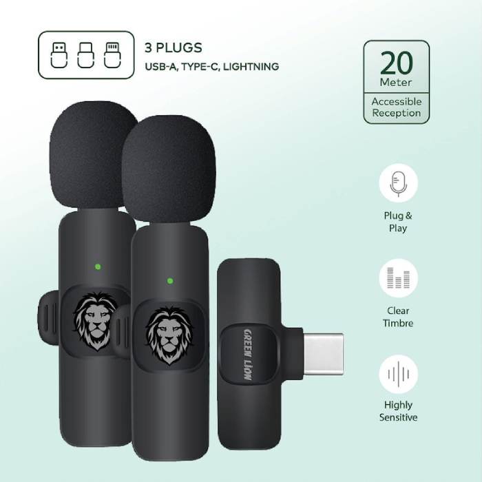 میکروفون یقه ای بدون سیم 360 درجه گرین لاین مدل Green Lion Microphone 3 In 1 Wireless