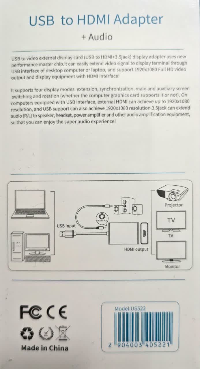 تبدیل انتقال تصویر و صدا اونتن مدل ONTEN CONVERTER USB TO HDMI WITH AUDIO OTN-US 522 در قائم آی تی