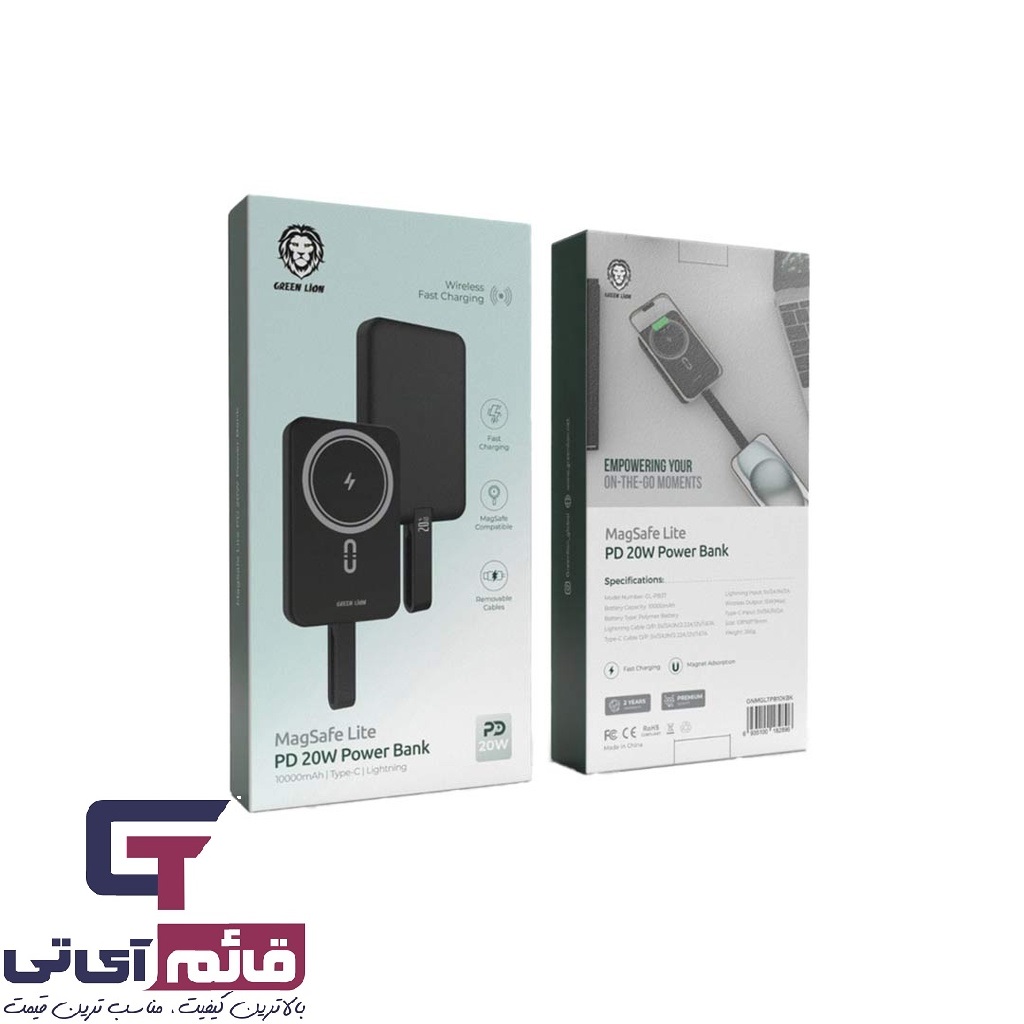 پاوربانک وایرلس مگنتی گرین لاین مدل Magsafe Lite Power Bank PD Green Lion GNMGLTPB10KBK 10000Ma 20W