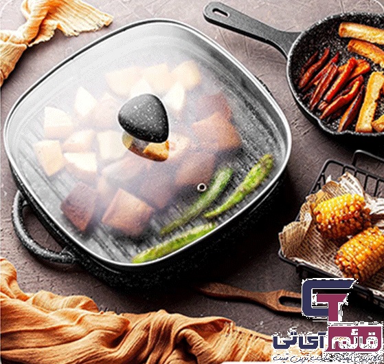 تابه گریل چدن دو طرفه مدل Cast Iron Square Grill Pan Size 28 Lorenza همراه با درب در قائم آی تی 